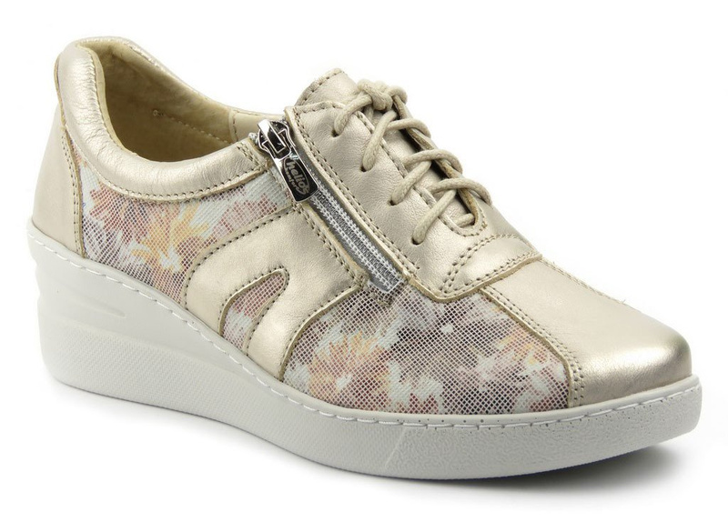 Skórzane sneakersy damskie na koturnie - Helios Komfort 377, złote z kwiatami