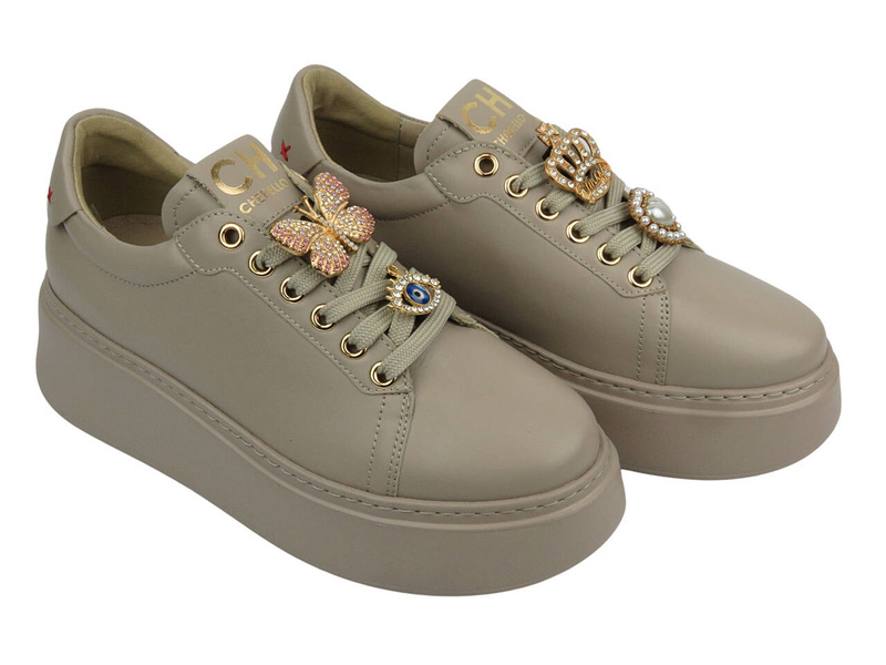 Sportowe buty damskie na platformie - CheBello 4585, beżowe