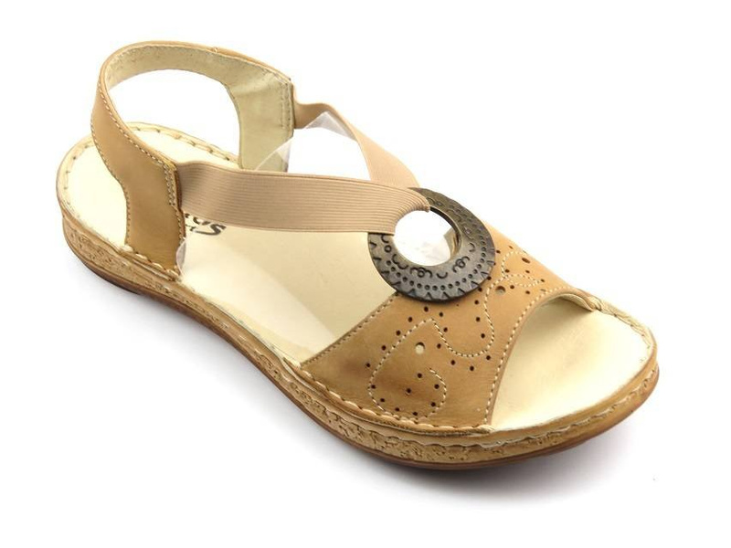 Skórzane sandały damskie z klamrą - Helios Komfort 672, jasnobrązowe