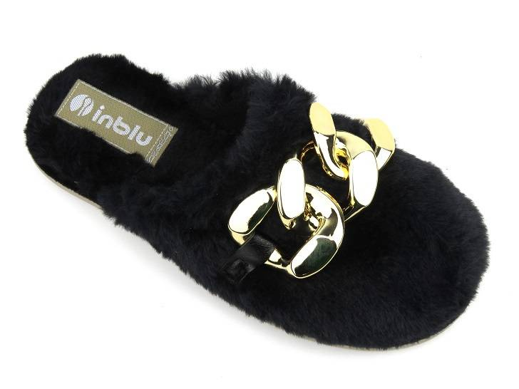 Futerkowe kapcie damskie z łańcuchem - INBLU EK-06, czarne