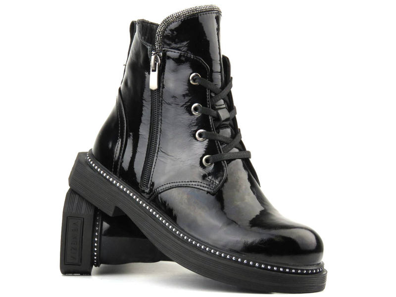 Botki damskie ze skóry lakierowanej - VENEZIA 03-VAN , czarne