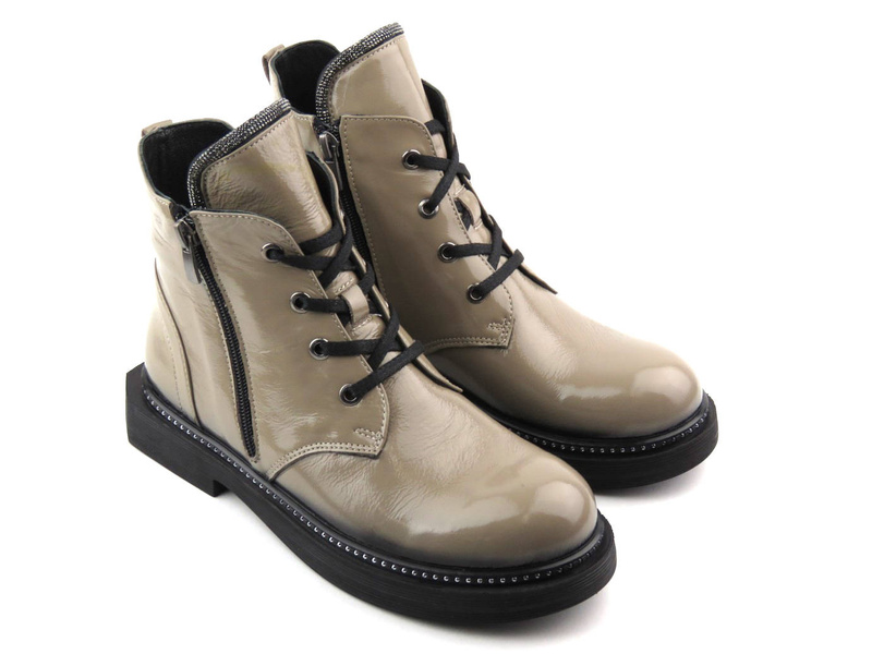 Botki damskie ze skóry lakierowanej - VENEZIA 03-VAN MINK, beżowe