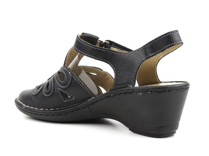 Skórzane sandały damskie na koturnie - HELIOS Komfort 647-2, czarne