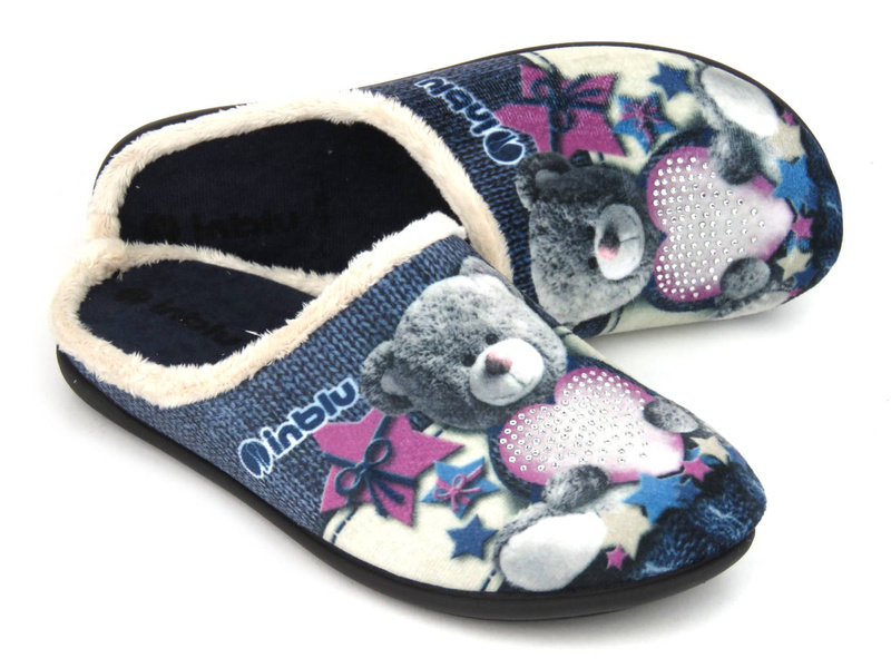 Miękkie kapcie damskie z misiem - INBLU 155D210, niebieskie