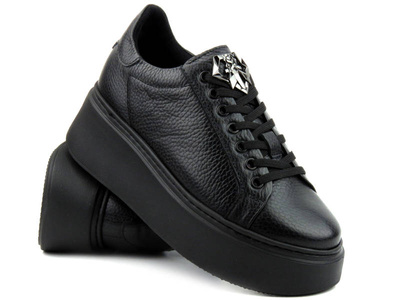 Skórzane buty damskie na platformie - Carinii B9284, czarne