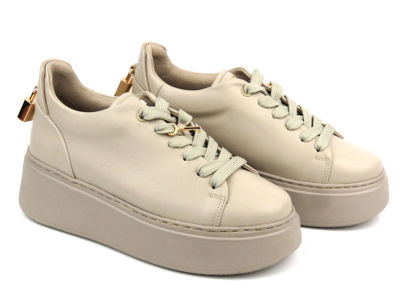 Skórzane buty damskie na platformie - Carinii B9580, beżowe