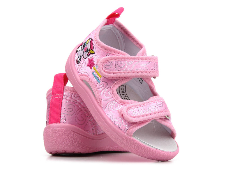 Sandałki dziecięce na rzepy - American Club TEN 38/22, różowe z jednorożcem
