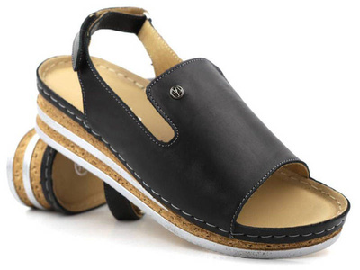 Skórzane sandały damskie na grubej podeszwie - HELIOS Komfort 107, czarne