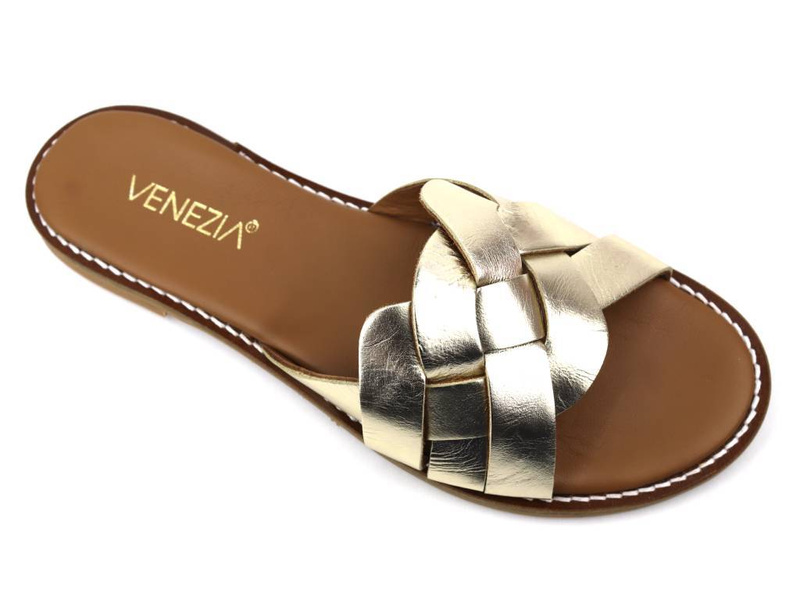 Eleganckie klapki damskie skórzane - VENEZIA MRZ-OMELIA, złote