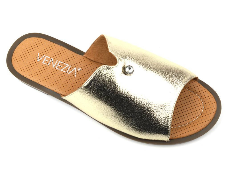 Skórzane klapki damskie płaskie - VENEZIA SW504, złote