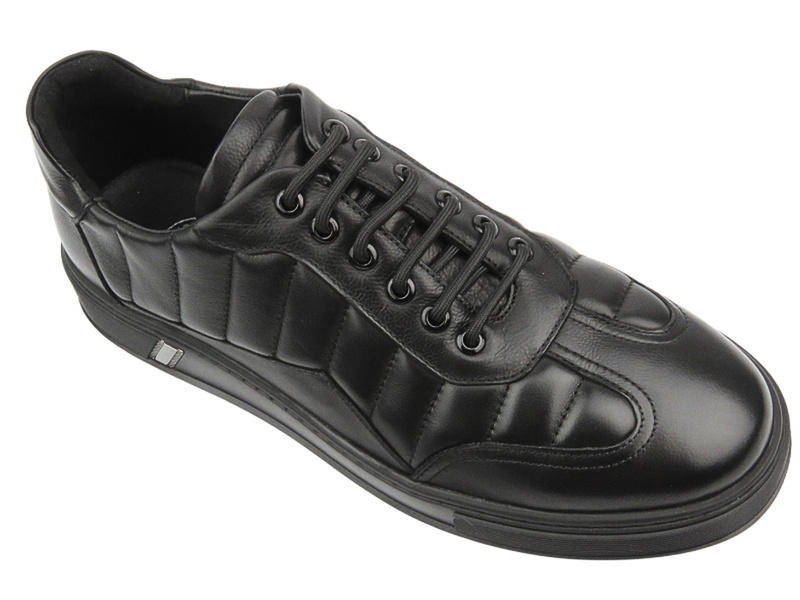 Skórzane Sneakersy Męskie - JOHN DOUBARE 603-10 Czarne Sznurowane