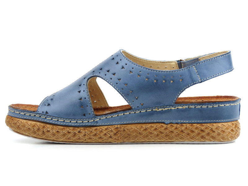 Skórzane sandały damskie z ażurowym wzorem - WASAK 0652, granatowe