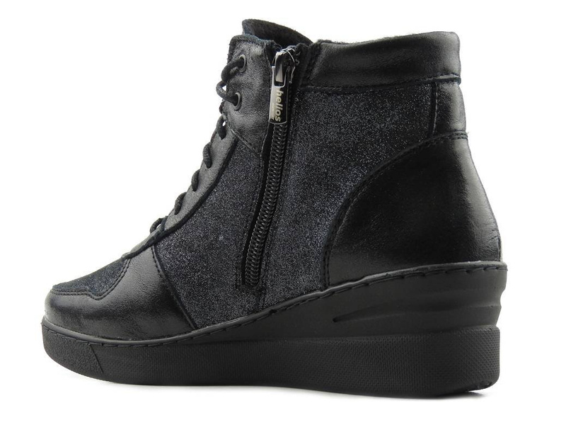 Skórzane botki, sneakersy damskie polskiej marki HELIOS Komfort 597, czarne z brokatem