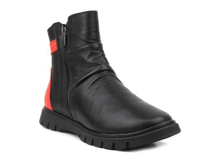 Botki damskie z dwoma suwakami - MANITU 990164-04, czarne z czerwonymi dodatkami