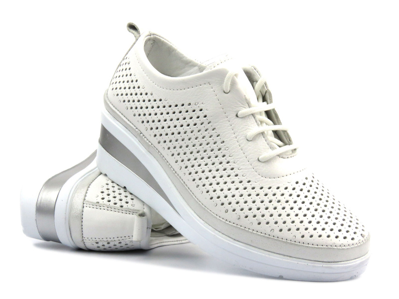 Sneakersy, półbuty damskie na koturnie - Helios 1304, biało-srebrne