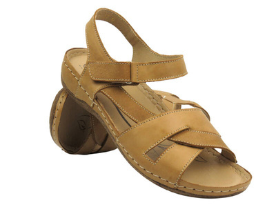 Skórzane sandały damskie polskiej produkcji - Helios 246, jasny brąz-na rzep