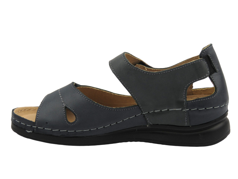 Skórzane sandały damskie na rzepy grafitowe Helios Komfort 139