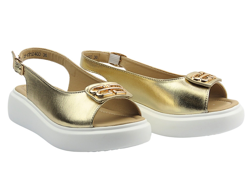 Skórzane sandały damskie na platformie złote Cambell 25-07324