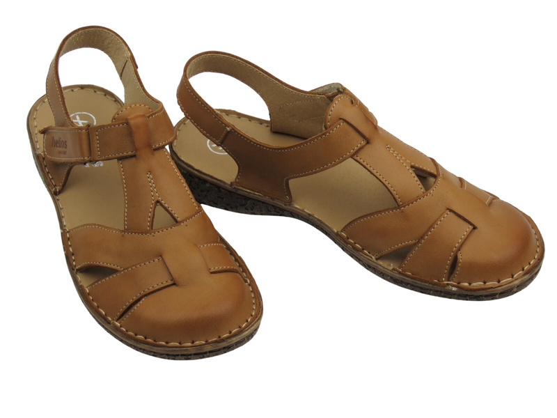 Skórzane sandały damskie z zabudowanym przodem brązowe Helios Komfort 152