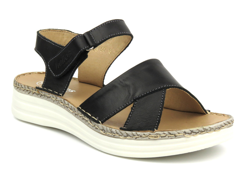 Skórzane sandały damskie ze skrzyżowanymi paskami - HELIOS Komfort 123, czarne