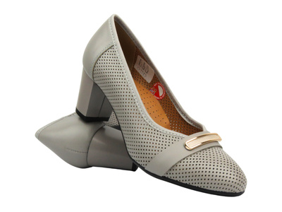 Skórzane czółenka na obcasie - GALANT 3005, szare