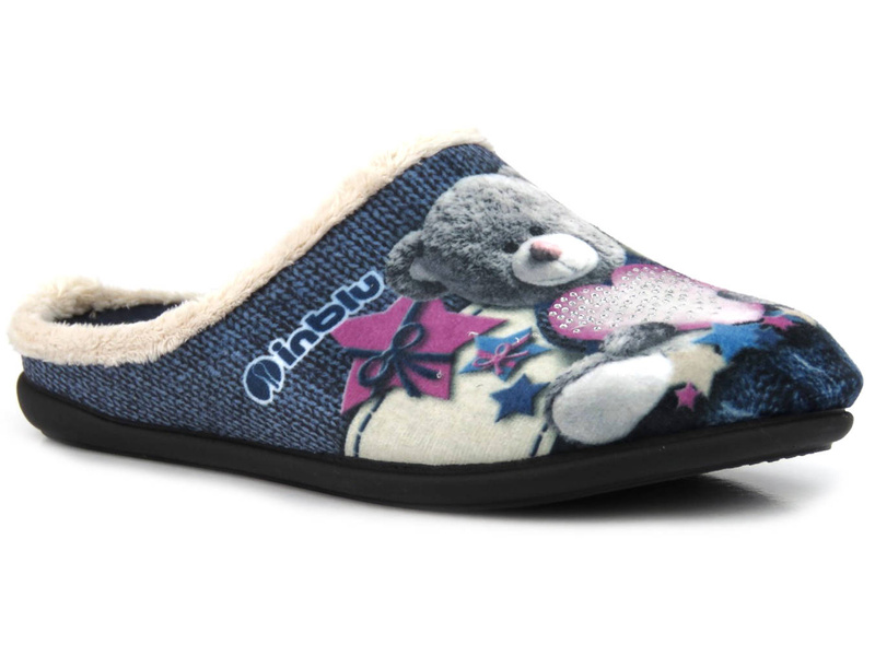 Miękkie kapcie damskie z misiem - INBLU 155D210, niebieskie