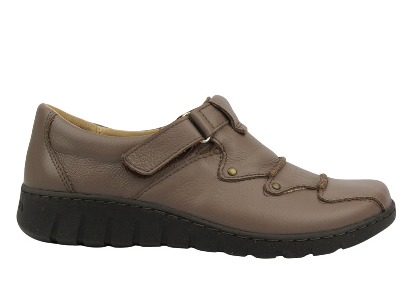 Skórzane półbuty damskie zapinane na rzep - Helios Komfort 780-2S, brązowe