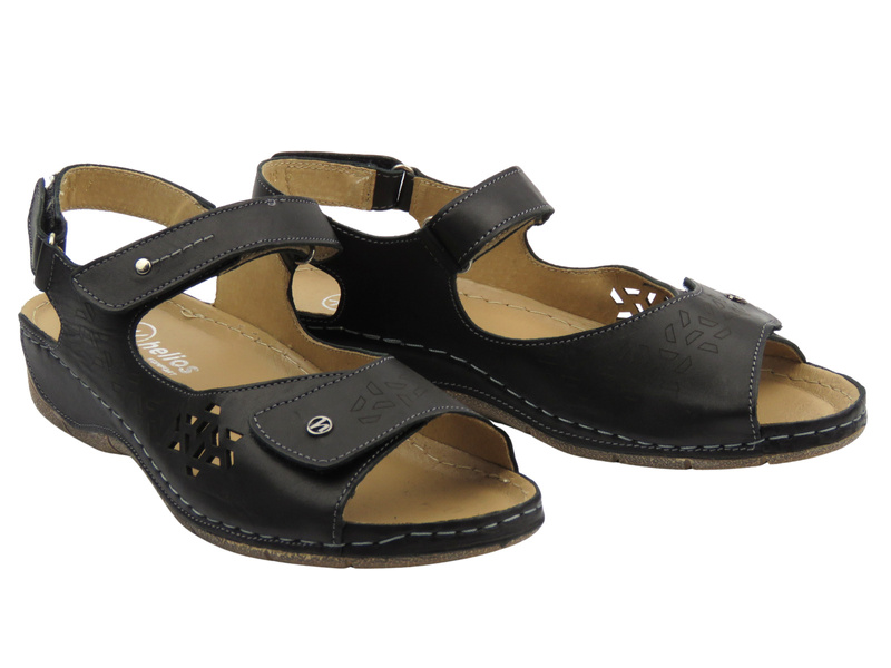 Skórzane sandały damskie na grubej podeszwie - Helios Komfort 266-2, czarne