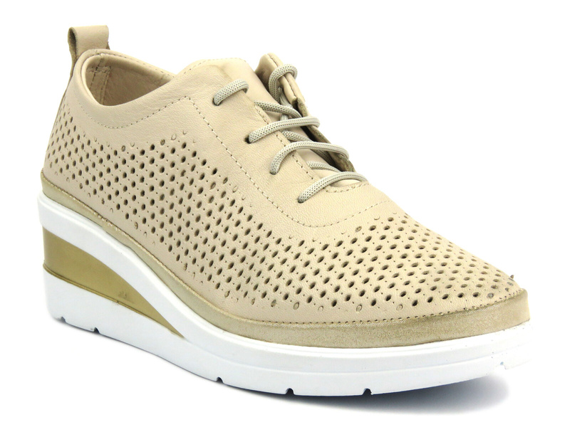 Sneakersy, półbuty damskie na koturnie - Helios 1304 beżowo-złote