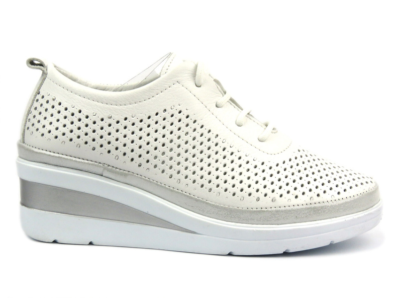 Sneakersy, półbuty damskie na koturnie - Helios 1304, biało-srebrne