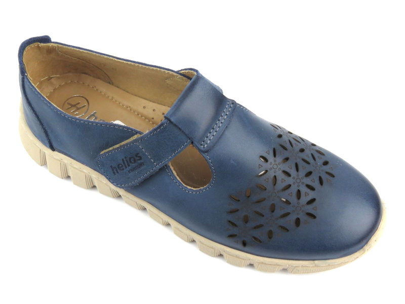 Skórzane półbuty damskie wiosenne - Helios Komfort 421, granatowe