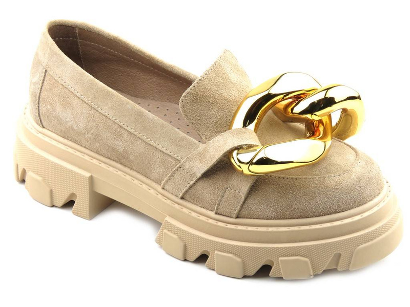Beżowe półbuty, mokasyny damskie z ozdobnym łańcuchem - CARINII B5976
