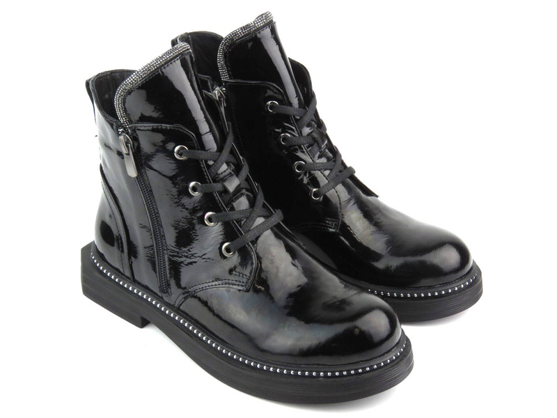 Botki damskie ze skóry lakierowanej - VENEZIA 03-VAN , czarne