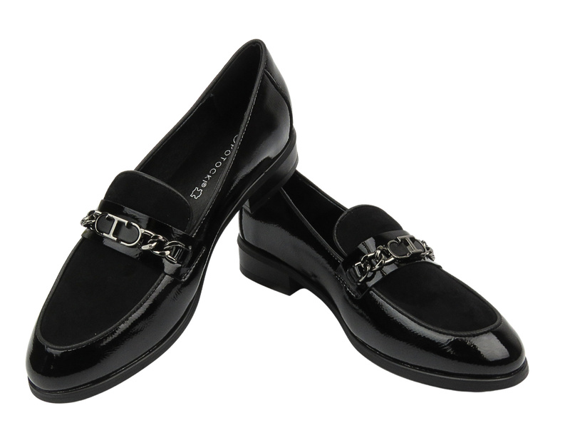 Mokasyny, loafersy damskie lakierowane - Potocki 24-12309, czarne-wsuwane