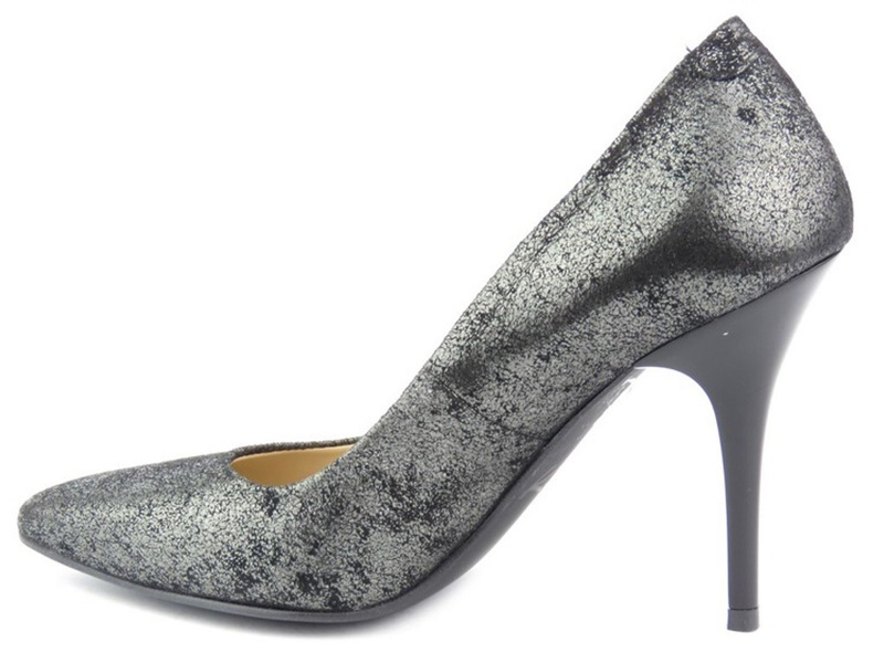 Eleganckie czółenka na wąskiej szpilce - Kati 1474, czarne ze srebrnym