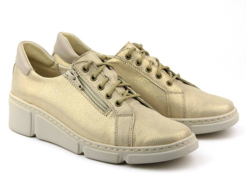 Skórzane sneakersy damskie z połyskiem - Wasak  0681, złote