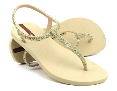 Sandały damskie, japonki z brokatową cholewką  - Ipanema 26914, beżowo-złote