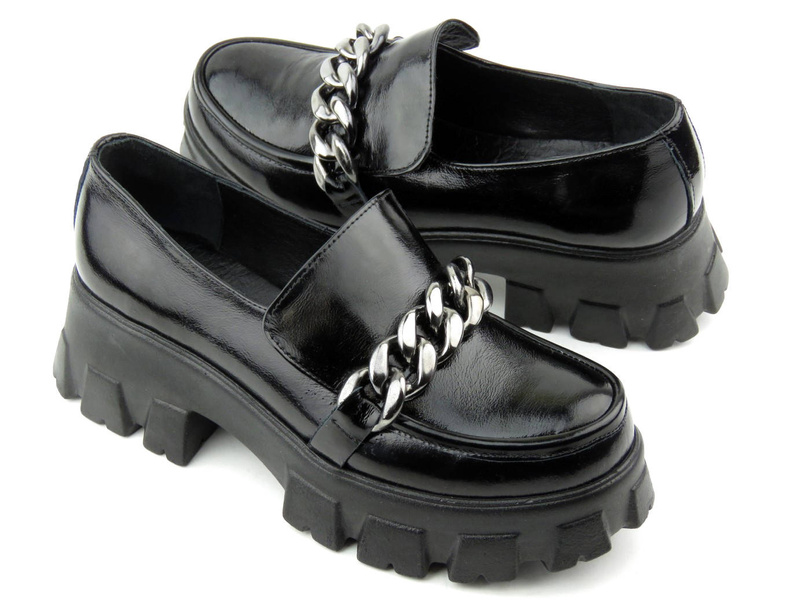 Lakierowane lordsy damskie na grubej platformie - VENEZIA 001770, czarne