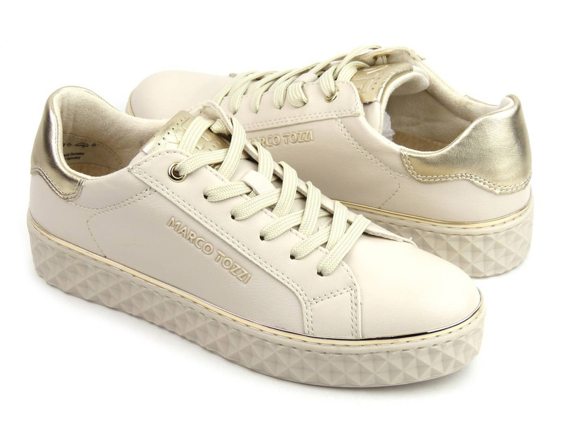 Sneakersy damskie ze skóry ekologicznej - MARCO TOZZI 2-23705-41, beżowe ze złotem
