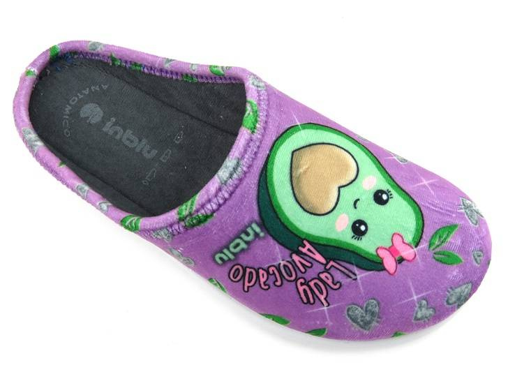 Miękkie kapcie damskie, młodzieżowe na prezent - INBLU MINDY, fioletowe z avocado