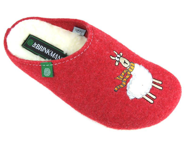 Ciepłe kapcie filcowe damskie z wełną - Dr BRINKMANN 320083-04, czerwone z owieczką