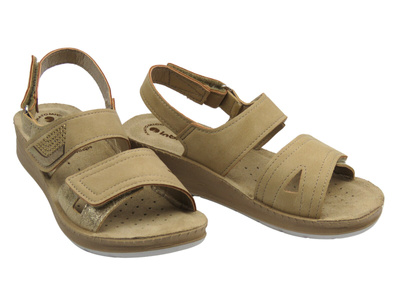 Sandały damskie na koturnie na rzep INBLU FC-61 -piaskowe