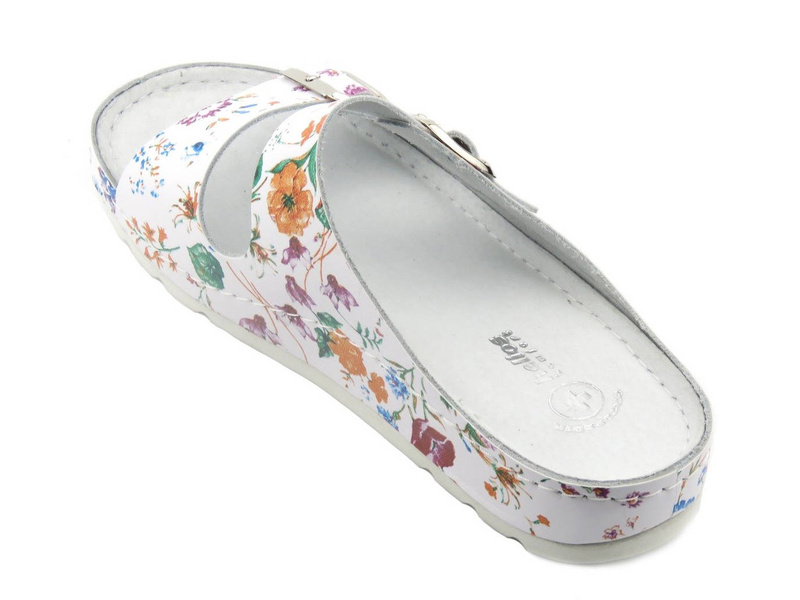 Skórzane klapki damskie lekarskie - HELIOS Komfort 288, białe z kwiatkami
