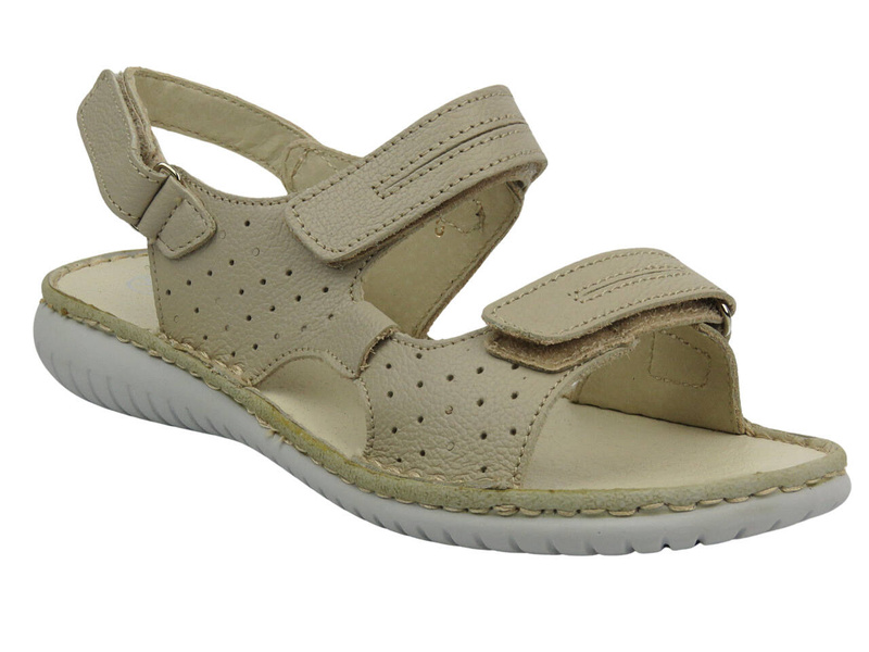 Skórzane sandały damskie na rzepy - Helios Komfort 794S, kremowe