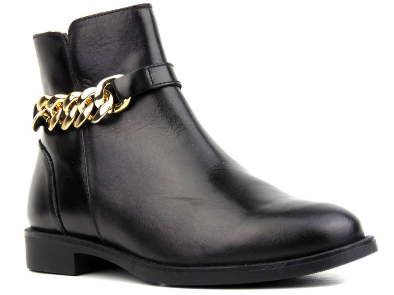 Płaskie botki damskie zdobione łańcuchem - VENEZIA 7735638 SIER NER, czarne