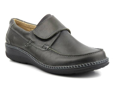 Skórzane półbuty damskie na rzep - HELIOS Komfort 711, grafitowe