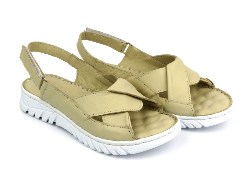 Skórzane sandały damskie na rzep - Potocki 24-84300, beżowe