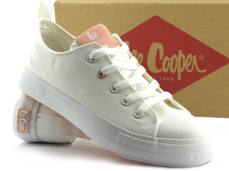 Trampki damskie przed kostkę - Lee Cooper LCW-22-31-0911L, białe z różowym językiem