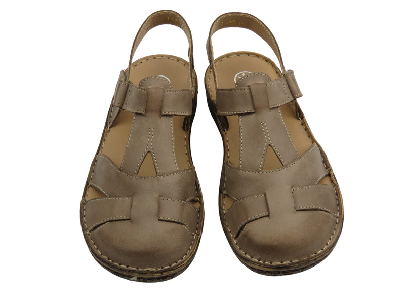 Skórzane sandały damskie z zabudowanym przodem beżowe Helios Komfort 152