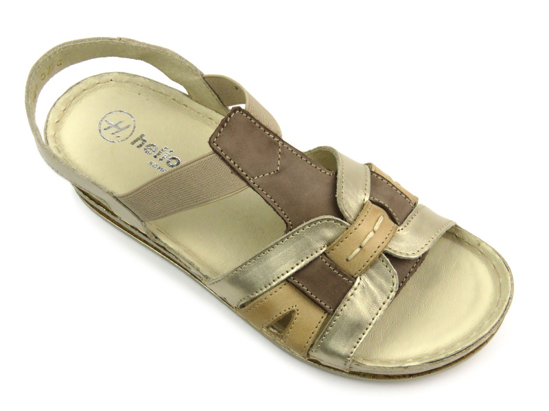 Skórzane sandały damskie na delikatnym koturnie złote Helios Komfort 129